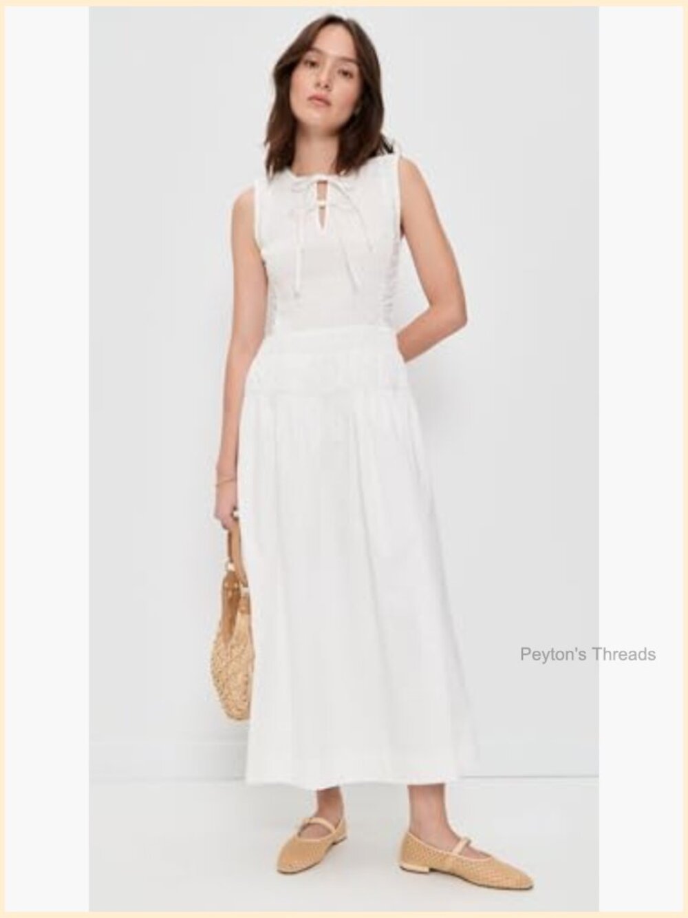 Smocked Elastic Bodice Midi Dress - Lightweight Cotton Blend - Picture 2 of 6